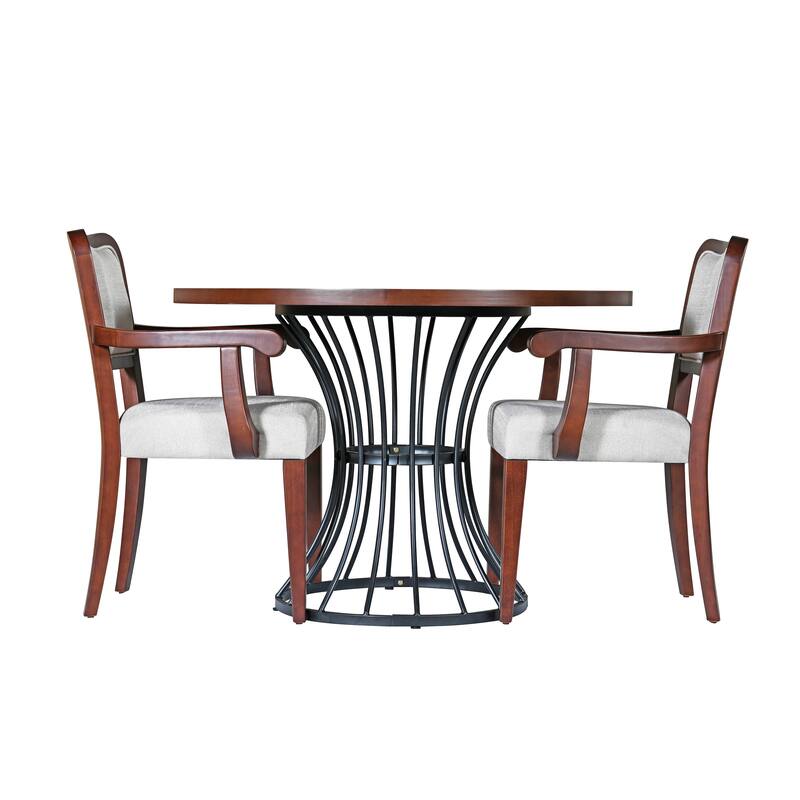 3-Piece Round Dining Table Set, 42" Oak Veneer Table & 2 Upholstered Armchairs with Iron Base, Rustic-Modern Design