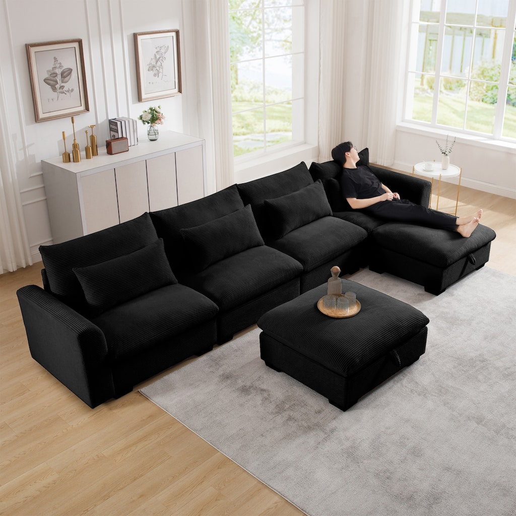 GDFStudio - Winslow Corduroy 4 Seater Sofa Couch with 2 Storage Ottomans and Pillows