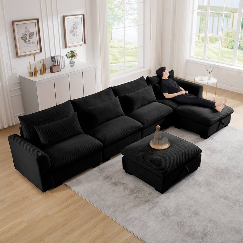 GDFStudio - Winslow Corduroy 4 Seater Sofa Couch with 2 Storage Ottomans and Pillows - Black