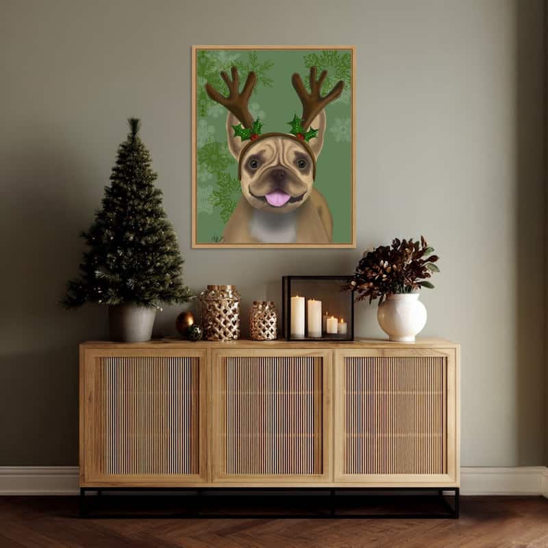French Bulldog Antlers 1 by Fab Funky (23 x 28 in.), Framed Canvas Wall Art Print - Sylvie Natural
