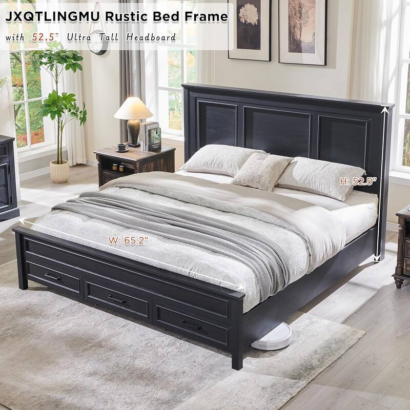 Farmhouse Queen Wood Bed Frame with 52" Tall Headboard & Footboard