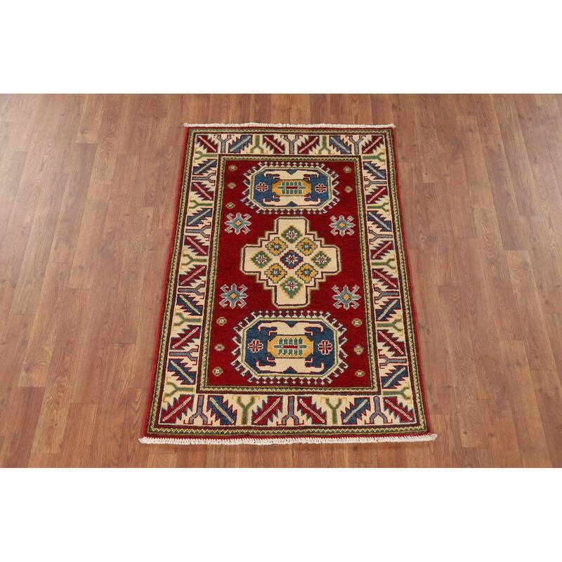 Geometric Red Kazak Foyer Rug Hand-Knotted Wool Carpet - 2'8" x 4'1"