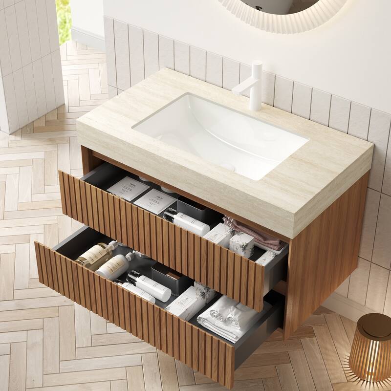 GDFStudio - Tilley Modern Floating Bathroom Vanity with Striped Wood Drawer Fronts & Ceramic Undermount Basin
