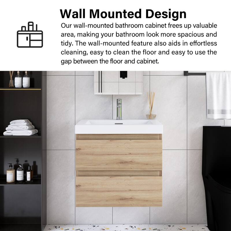 Angela Wall Mounted Bathroom Vanity in F. Oak with White Cultured Marble Top