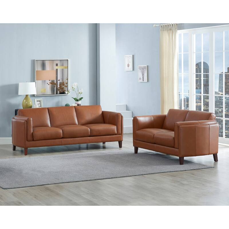 Hydeline Maui Top Grain Leather Sofa and Loveseat Set With Feather, Memory Foam and Springs - Cinnamon Brown