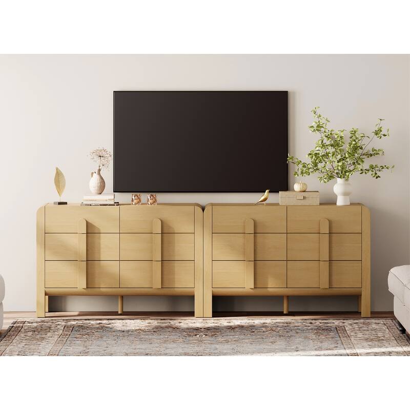 WAMPAT Modern Dresser TV Stand For Tvs Up To 100 Inch, Cruved Entertainment Center, Wood TV Console With Storage - Oak