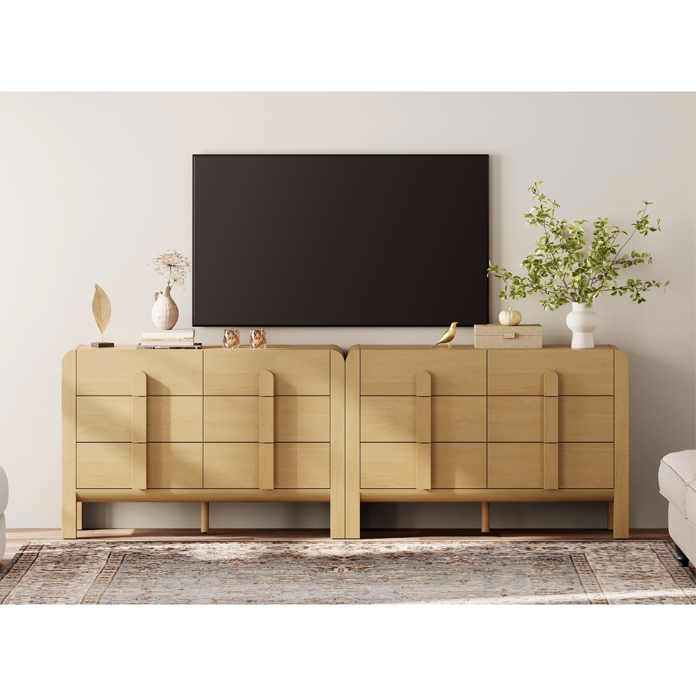 WAMPAT Modern Dresser TV Stand For Tvs Up To 100 Inch, Cruved Entertainment Center, Wood TV Console With Storage