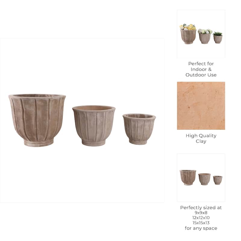 Pottery Clay Planters with Petal Ribbed Detailing (Set of 3) - 15" x 15" x 13"