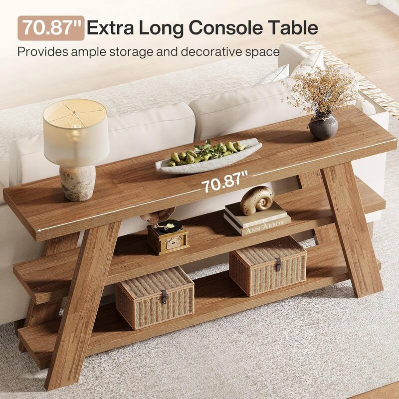 71-Inch Extra Long Console Table, 3-Tier Narrow Wooden Sofa Table with Storage