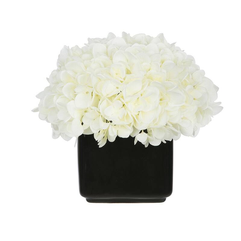 Faux Hydrangea in Small Black Cube Ceramic Vase