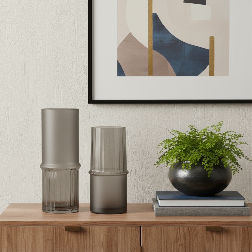 Set of Two Gray Glass Cylinder Table Vases - 4.25