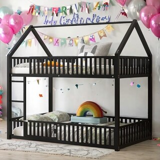 Metal Twin over Twin House Bunk Bed with Fence and Door,Black