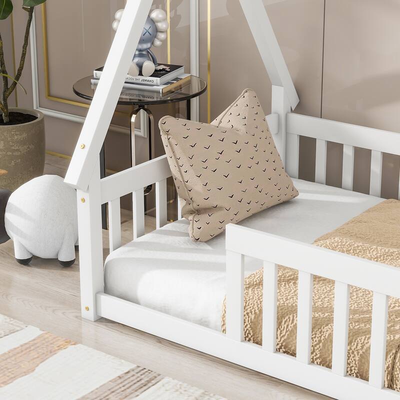 Tent-Shaped Twin Size Floor Bed with Fence and Guardrails, Pine Wood Construction