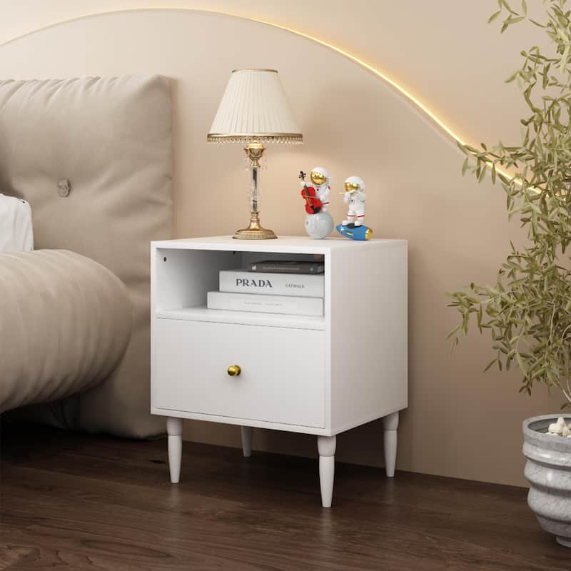 Modern Nightstand with Drawer and Open Shelf, Bedside Table with Gold Knob, Solid Wood Legs, Small End Table for Bedroom