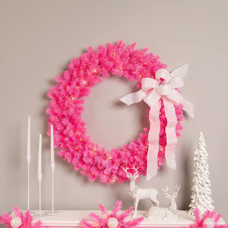 Pre-Lit Artificial Pine Christmas Wreath - 36" - Pink - Clear Lights