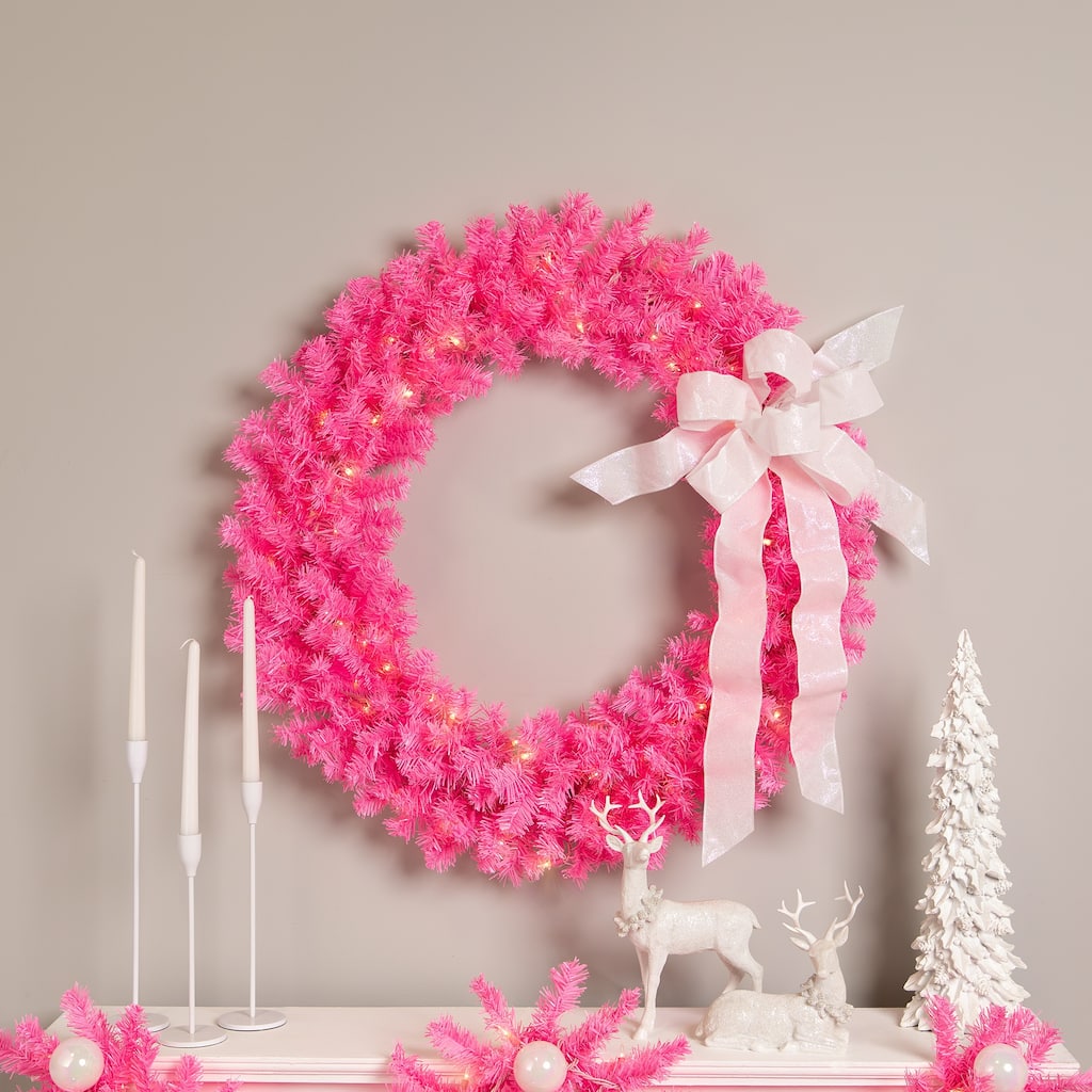 Pre-Lit Artificial Pine Christmas Wreath - 36" - Pink - Clear Lights
