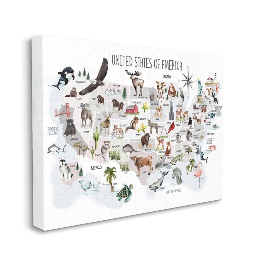 Stupell United States of America Map of Animals Kid's Illustration Canvas Wall Art - Brown