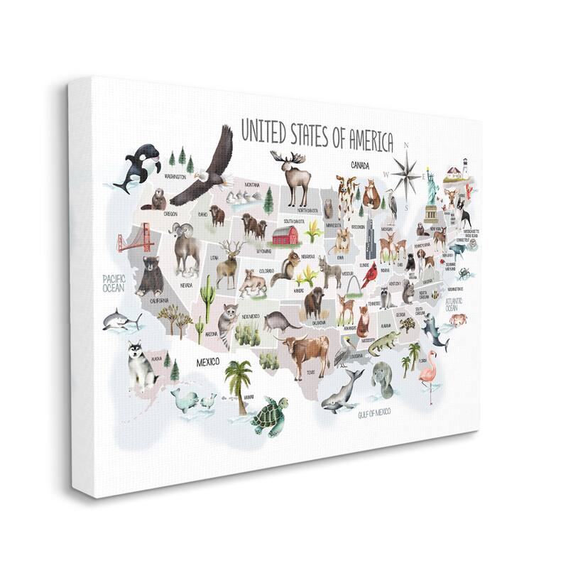Stupell United States of America Map of Animals Kid's Illustration Canvas Wall Art - Brown - 24 x 30