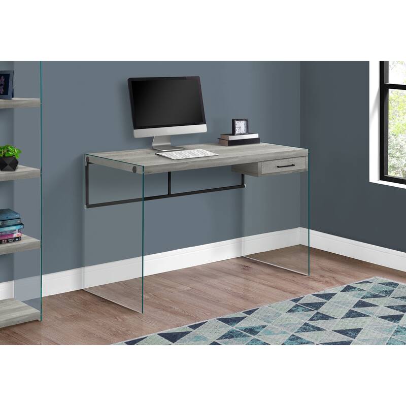 Computer Desk, Home Office, Laptop, Storage Drawers, 48"l, Work, Grey Laminate, Clear Tempered Glass, Contemporary