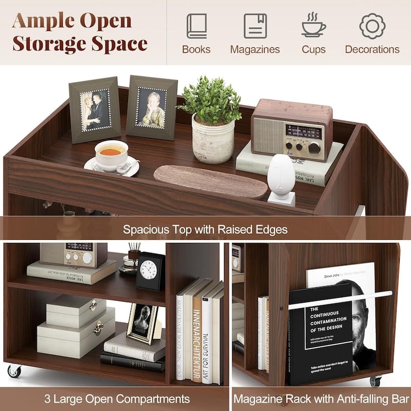 3-Tier Side Table Rolling End Table w/ Magazine Rack & Open Shelves