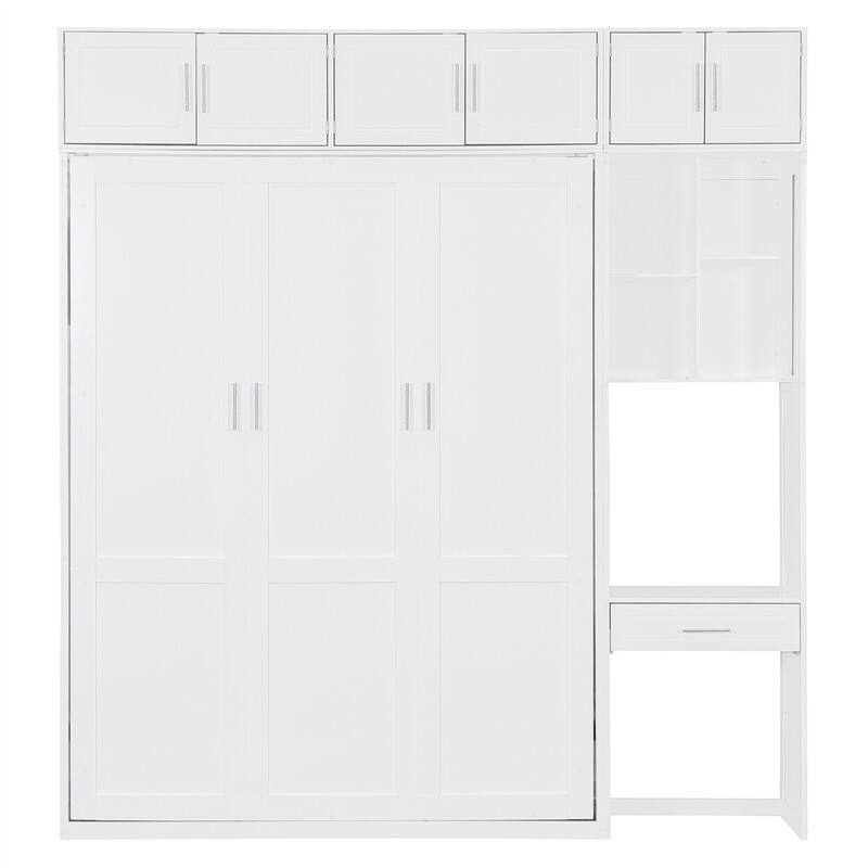 Full/Queen Size Murphy Bed Wall Bed w/ Bulit-in Desk & Top Cabinet, Space Saving Foldable Murphy Cabinet Bed w/ Storage Shelves