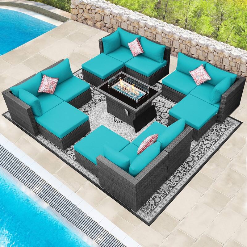 FINCATI Outdoor Grey Wicker Sectional Furniture Patio Sofa Set with Firepit Table - 13 Pcs - Teal