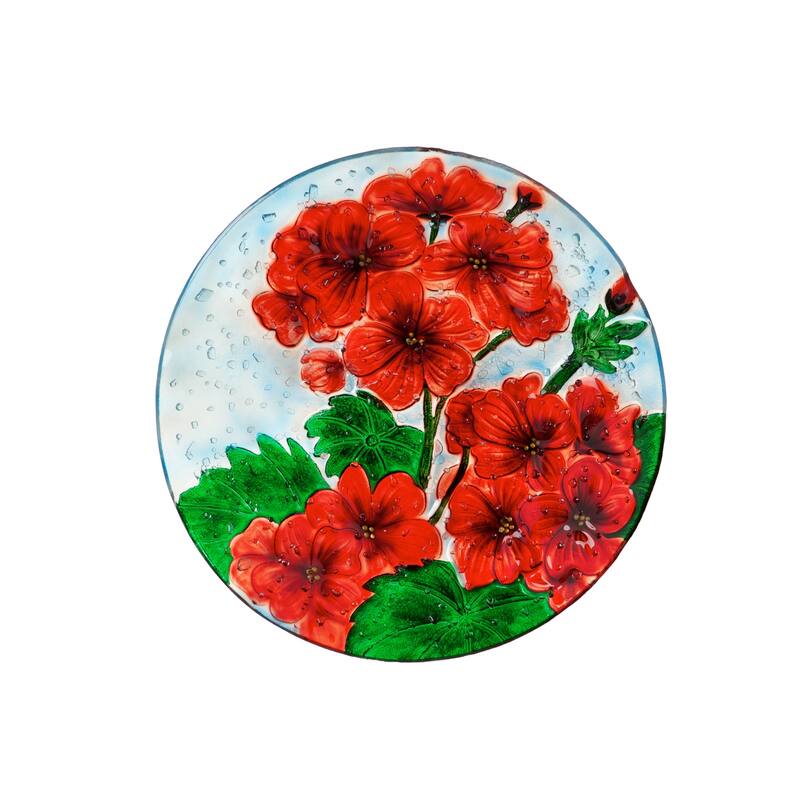 18" Hand Painted and Embossed Pebble Glass Bird Bath, Geranium