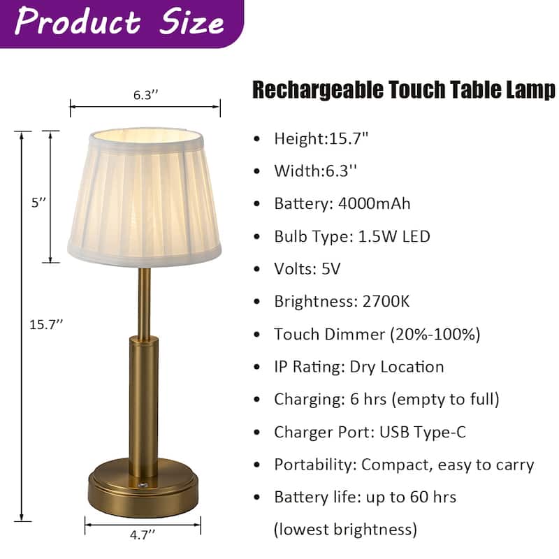 CraftHome 16'' Modern Fabric Shade Rechargeable LED Table Lamp Touch Control Cordless USB Nightstand Lamp with Stepless Dimming