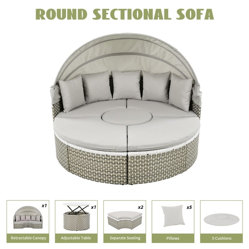 Round Patio Sectional Sofa Set – Two-Tone Rattan Daybed with Retractable Canopy & Modular Seating‌
