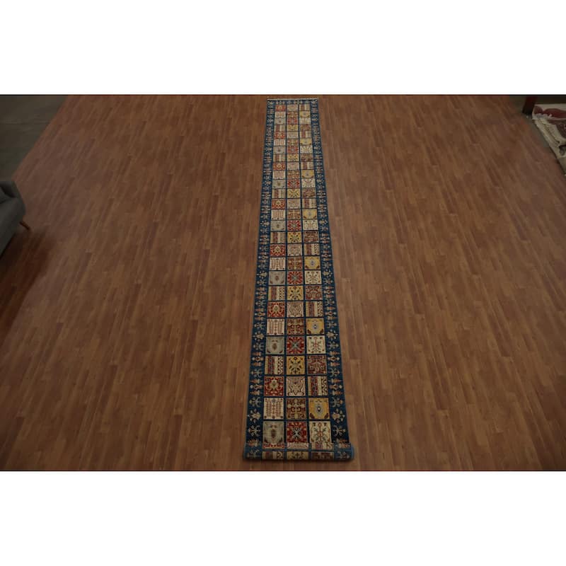 Hand Knotted Oriental 100% Wool Carpet Traditional Geometric Navy Blue & Blues Kazak Runner Rug - 22' 10'' X 2' 8''