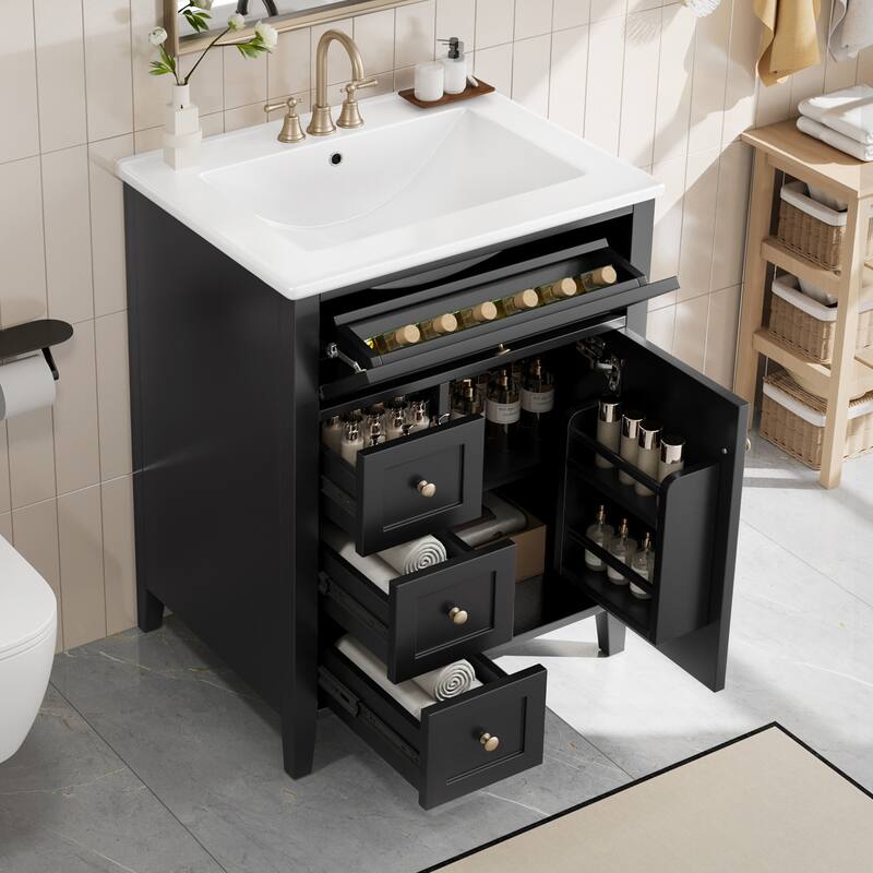 24" Bathroom Vanity With Sink, 3 Drawers & Cabinet With Adjustable Shelves, Modern Design - Black