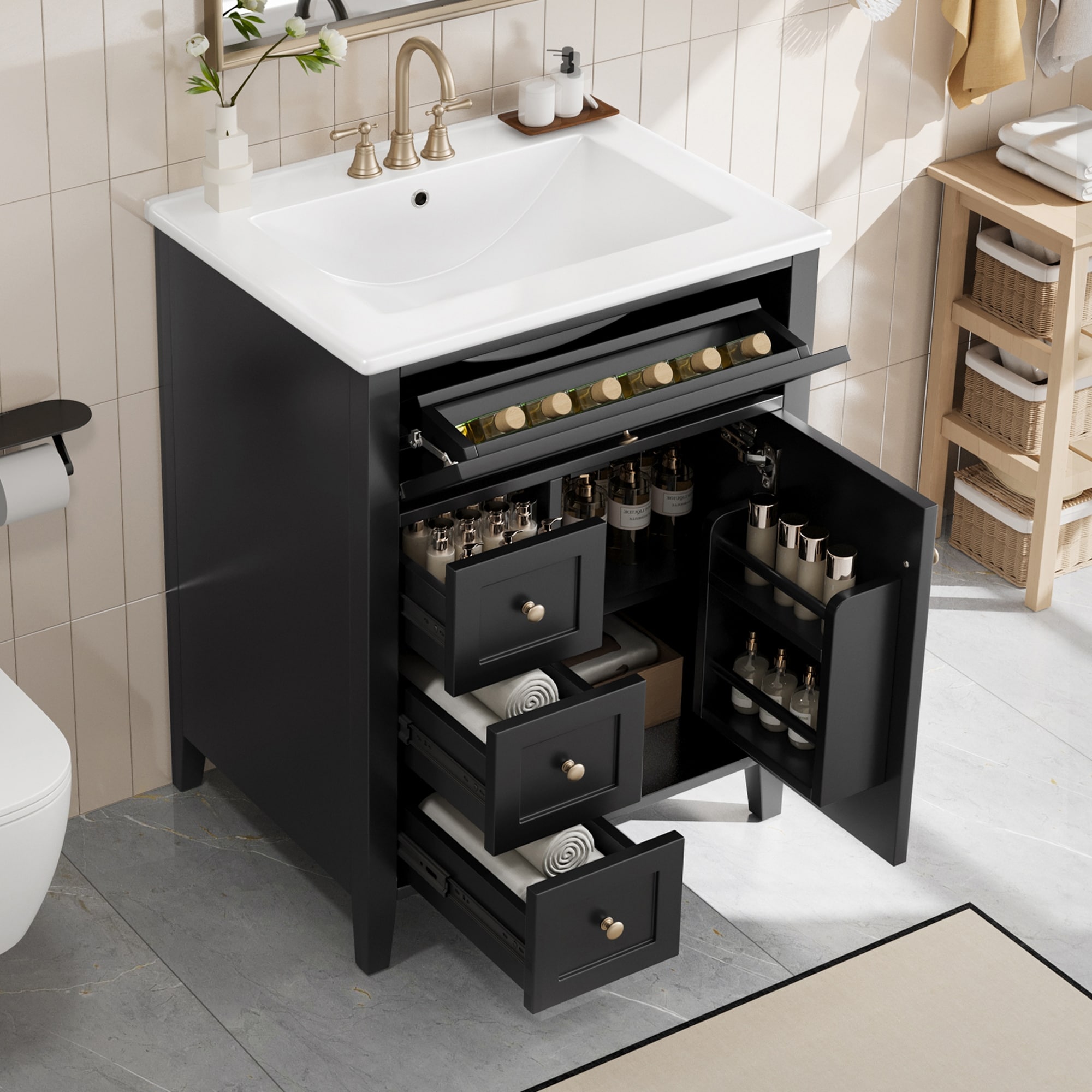 24" Bathroom Vanity With Sink, 3 Drawers & Cabinet With Adjustable Shelves, Modern Design