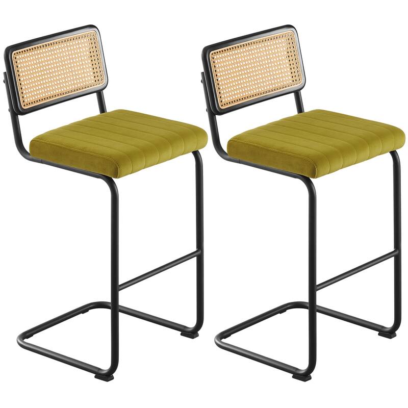 Velvet Upholstered Rattan Counter/Bar Stools, Set of 2/3 - Set of 2 - 30"Black Legs-Olive Green