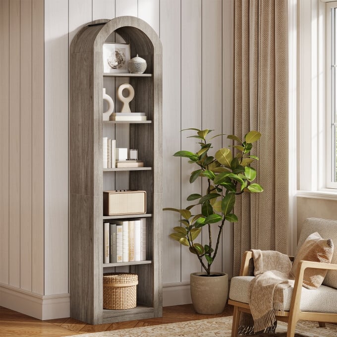 74.8-Inch Arched Tall Bookshelf, 6-Tier Rustic Wooden Bookcase