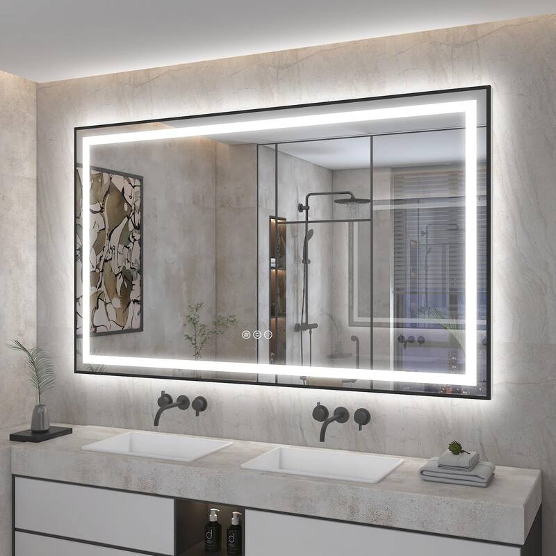 KIOTEE Black Metal Frame Front & Back LED Lighted Anti-Fog Tempered Glass Bathroom Vanity Mirror with ETL and 3 Years Warranty - 48x40