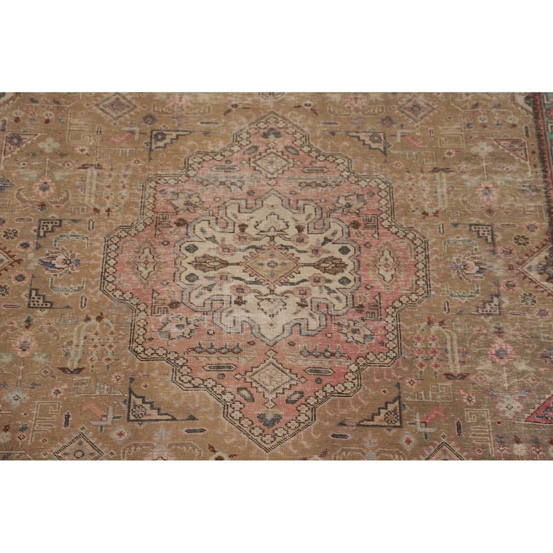 Distressed Gold Tabriz Persian Vintage Rug Handmade Wool Carpet - 8'3"x 10'8"