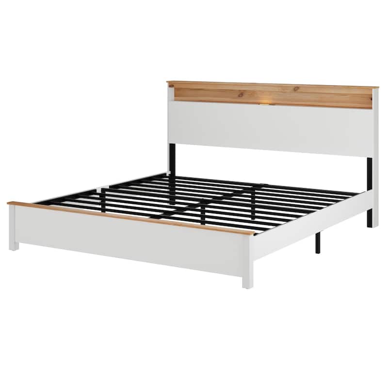 Classic White Low Profile Bed Rustic Farmhouse Platform Bed Frame with Storage Headboard Built-in Charging Station, Touch Light