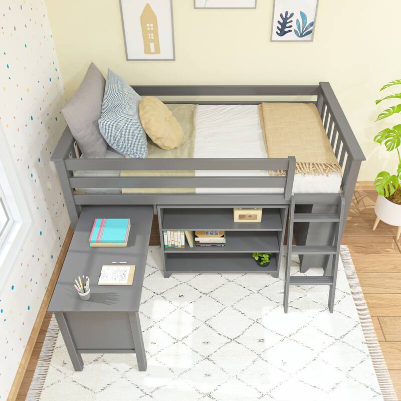 Max and Lily Twin-Size Low Loft with Pull-Out Desk and 3-Shelf Bookcases