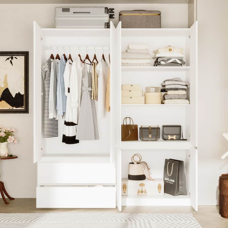 126"x70.9" Modern White Wardrobe with Hanging Rod & Two Drawers - Curved Side Design