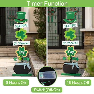 Glitzhome 42"H Lighted St. Patrick's Wooden Shamrocks Porch Decor with Timer