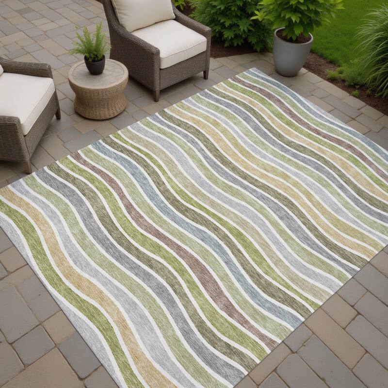 Machine Washable Indoor/ Outdoor Contemporary Stripe Chantille Rug - Fern - 3' x 5'