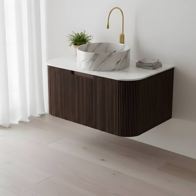 Floating Bathroom with Round Ceramic Basin and Storage Drawer