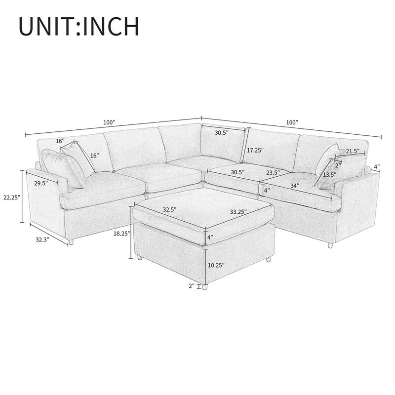 Modern Large U-Shape Sectional Sofa, with Removable Ottomans(6-Seater)