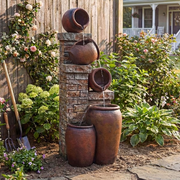 44.09" Glazed Terracotta Pots Polyresin Cascade Water Fountain Weather Resistant - Brown/Grey - Floor - Resin/Polyresin