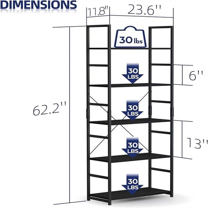 5 Tier Bookshelf, Tall Bookcase Shelf Storage Organizer - 11.8"D x 23.6"W x 62.2"H