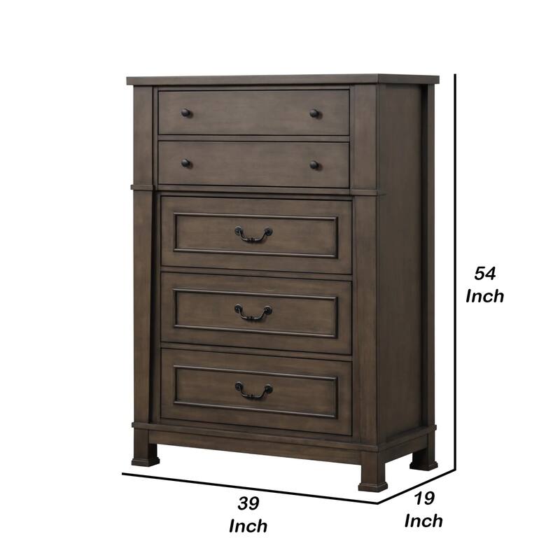 Huder Tall Dresser Chest, 5 Drawers, Dark Walnut Brown Wood, Black Metal