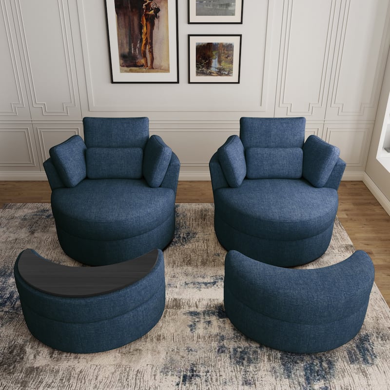 Upholstered Swivel Barrel Armchair with Storage Ottoman (Set of 2)