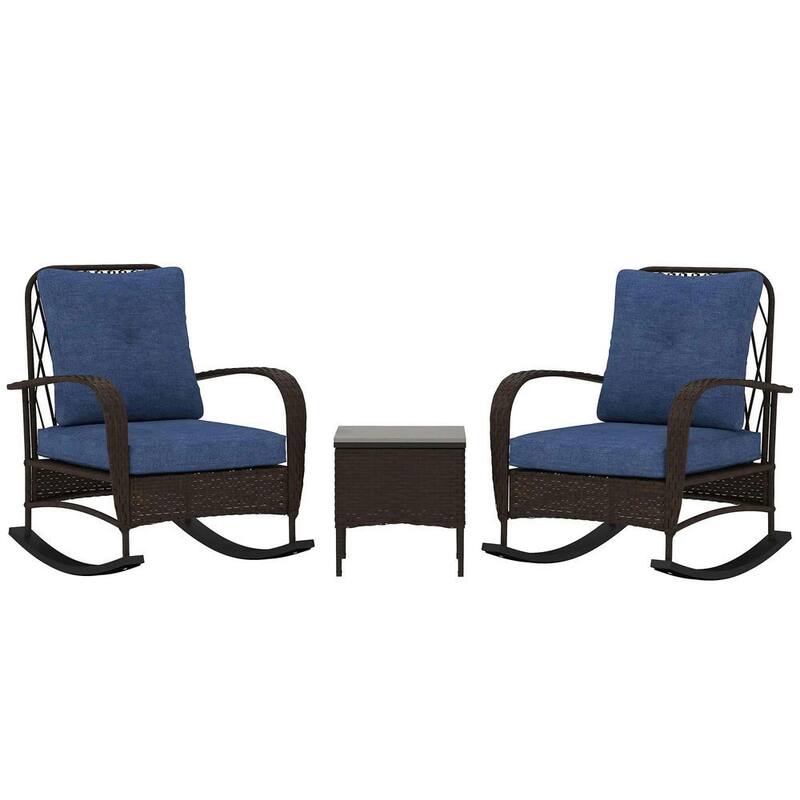 3-Piece Wicker Patio Set with Rocking Chairs, Glass-Top Coffee Table