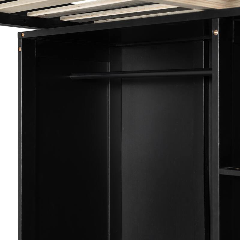 Full Size Wood Loft Bed with Desk, Open Wardrobe and Shelves, RGB LED Light, USB Ports and Power Outlets