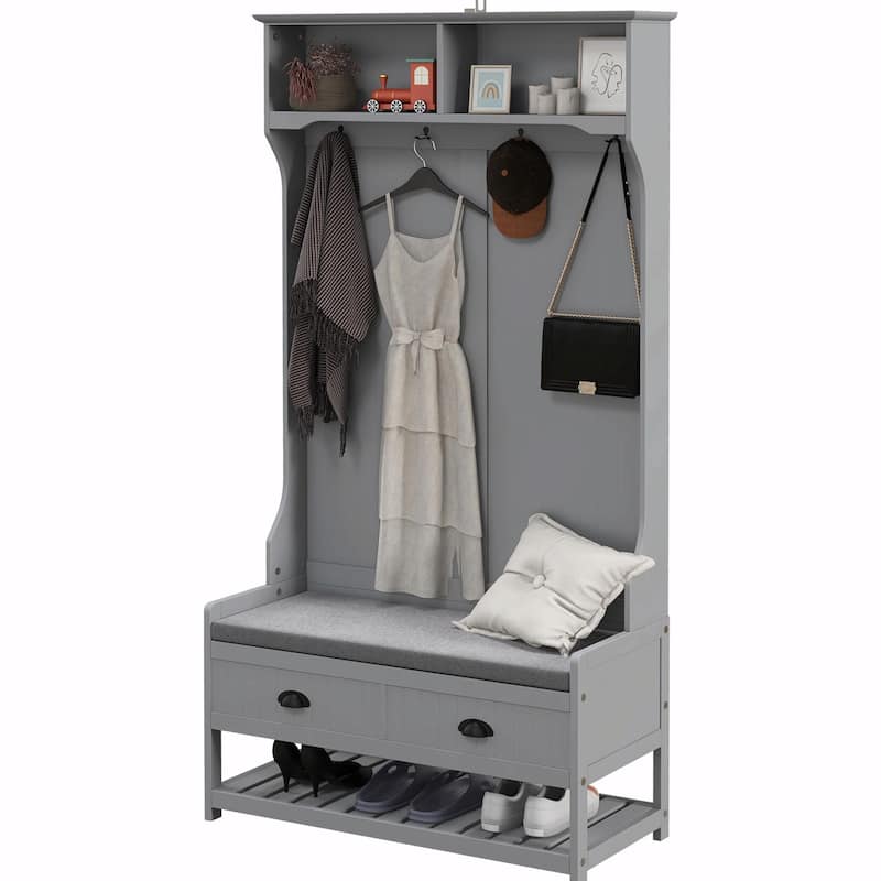 Entryway Bench with Coat Rack & Shoe Storage